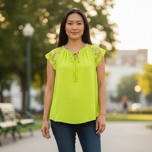 Adrianna Papell Neon Green Lace Accent Blouse
